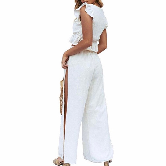 🆕V Neck Crop Top Side Slit Drawstring Jumpsuit - Picture 2 of 3